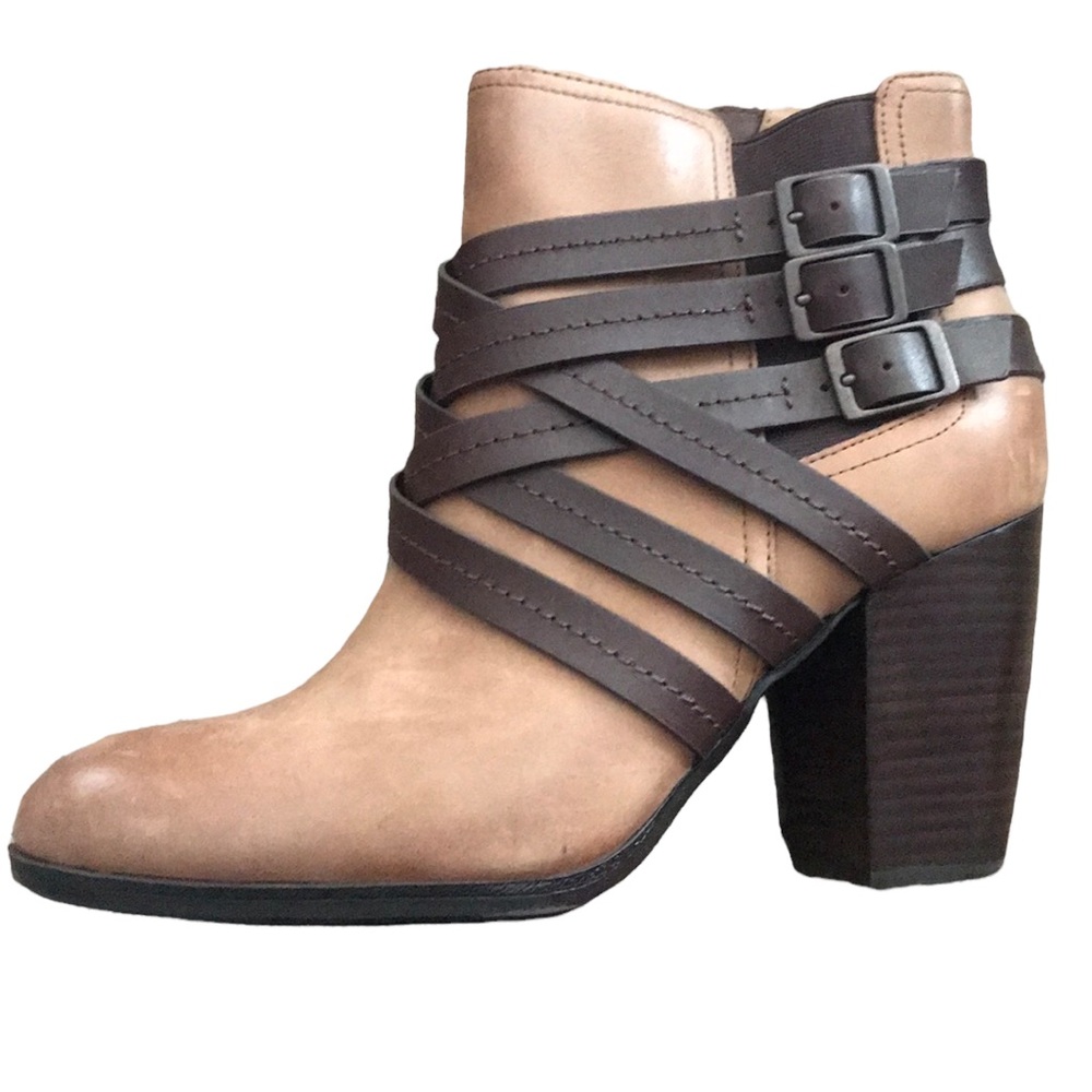 Sofft Arminda Strappy Heeled Leather Ankle Boots tan and brown